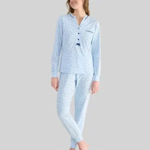 Pijama Largo Invierno Mujer Celeste con Florecitas de Lohe. 251197