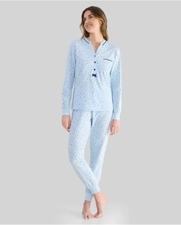 Pijama Largo Invierno Mujer Celeste con Florecitas de Lohe. 251197