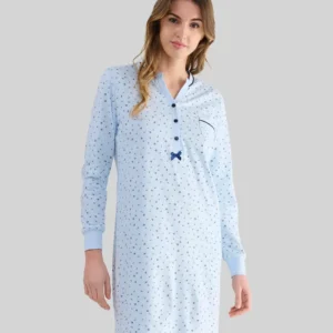 Camisón Manga Larga Celeste Florecitas Cuello Abierto de Lohe. 251997