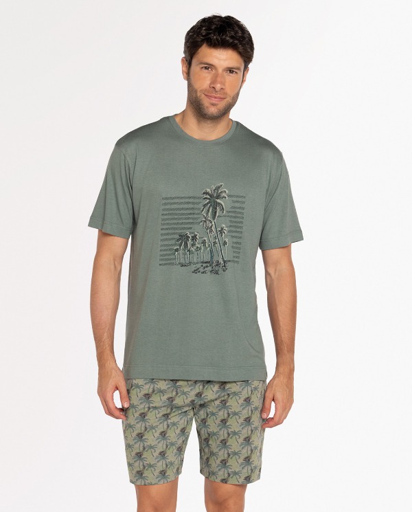 Pijama Corto Punto Blanco de Bambú y Algodón con Pantalón Estampado y Bolsillos. 34722-60