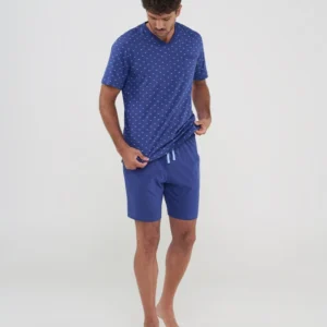 Pijama Corto de Hombre LOHE Azul con Estampado Coches y Pantalón Vigoré