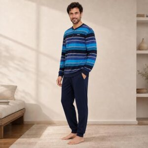 Pijama de Hombre Muslher Terciopelo Listado Azulina 265607 | Cálido e Interlock Perchado